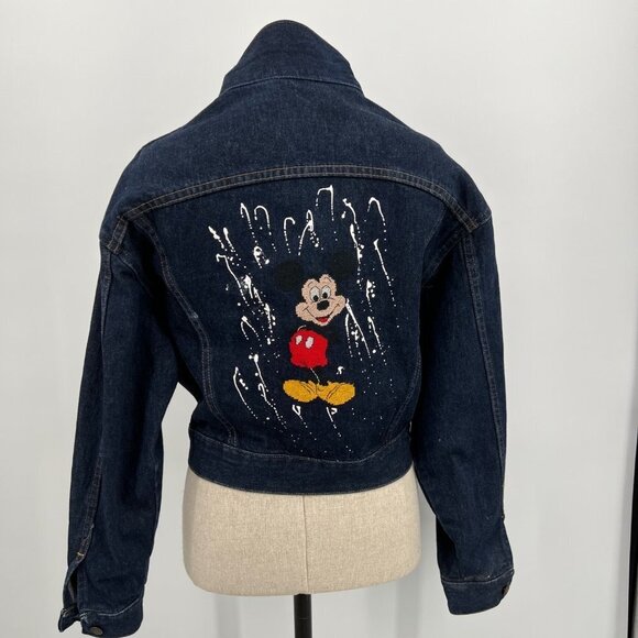 Vintage 80s Wrangler Denim Cropped Jacket Hand Embroidered Mickey Mouse‎ Disney - Picture 2 of 8